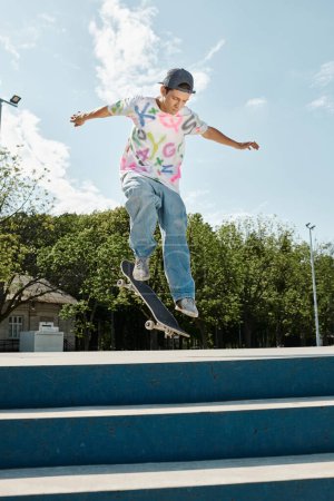 A young man rides a skateboard at a skate park on a sunny day, showcasing his skills and fearlessness.