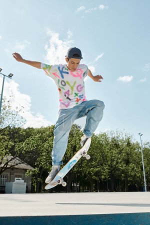 A young man confidently skateboards up a ramp at an outdoor skate park on a sunny summer day.