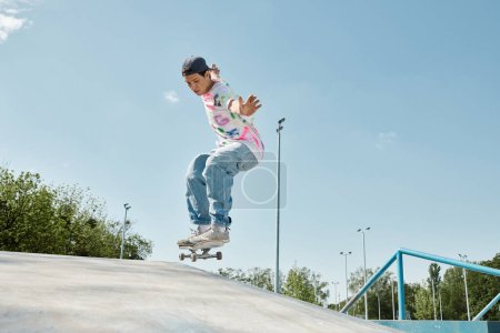 Téléchargez les photos : Un jeune patineur monte en toute confiance sa planche à roulettes sur le côté d'une rampe dans un skate park extérieur par une journée ensoleillée. - en image libre de droit