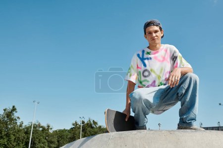 A young skater boy confidently sits atop a skateboard ramp outdoors on a sunny summer day.