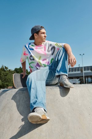 Ein junger Skater-Junge sitzt an einem sonnigen Sommertag selbstbewusst auf einer Skateboard-Rampe in einem lebhaften Outdoor-Skatepark.