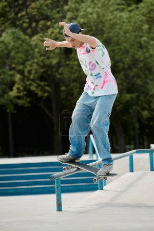 A young skater boy fearlessly rides his skateboard down a metal rail in a sunny outdoor skate park on a summer day.