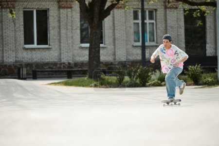 A young skater boy riding a skateboard down the street on a sunny summer day.