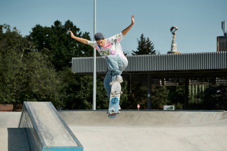 Téléchargez les photos : Un jeune patineur monte sans peur une planche à roulettes sur le côté escarpé d'une rampe dans un skate park extérieur par une journée d'été ensoleillée. - en image libre de droit