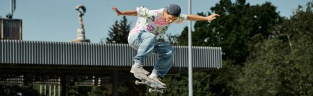 A young skater boy defies gravity as he flies through the air while riding a skateboard at a skate park on a sunny summer day.