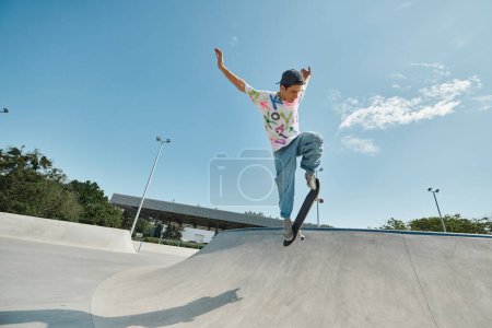 Un joven patinador sube por una rampa de skate en un parque de skate al aire libre en un soleado día de verano.