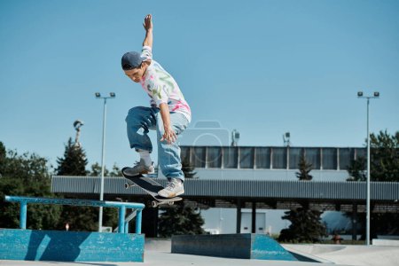 Foto de Un joven patinador desafía la gravedad mientras monta su monopatín al lado de una rampa en un vibrante parque de skate al aire libre en un soleado día de verano.. - Imagen libre de derechos