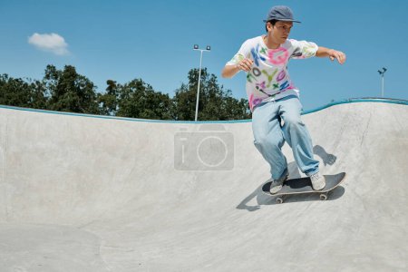Foto de Un joven skater monta sin esfuerzo su monopatín al lado de una rampa en un parque de skate al aire libre en un soleado día de verano.. - Imagen libre de derechos