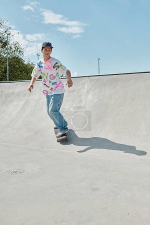A young skater boy rides his skateboard up the ramp, showcasing his skill and bravery in a daring move.