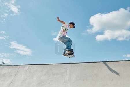 Foto de Un joven patinador sin miedo montando un monopatín al lado de una rampa en un vibrante parque de skate al aire libre en un soleado día de verano. - Imagen libre de derechos