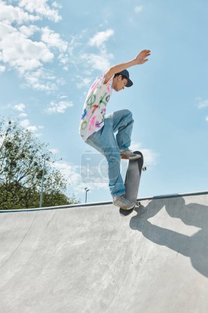 Photo for A young skater boy fearlessly rides his skateboard up the side of a ramp at an outdoor skate park on a sunny summer day. - Royalty Free Image