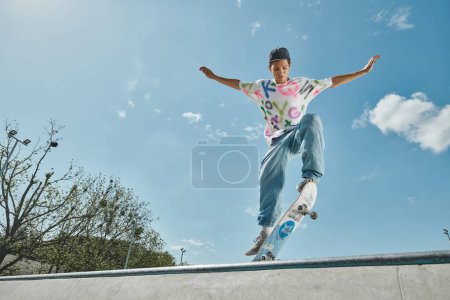A young skater boy confidently rides his skateboard up a steep ramp in a skate park on a sunny summer day.