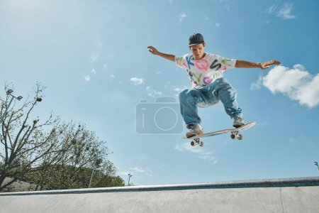 Foto de Un niño patinador desafía la gravedad, volando por el aire en su monopatín en un parque de skate soleado. - Imagen libre de derechos