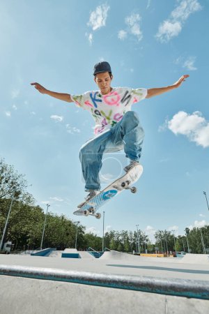 Un jeune homme effectue un tour impressionnant en plein air tout en conduisant une planche à roulettes dans un skate park extérieur ensoleillé.