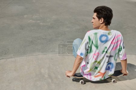 A youthful skater boy effortlessly sits on a skateboard in an outdoor skate park on a sunny summer day.