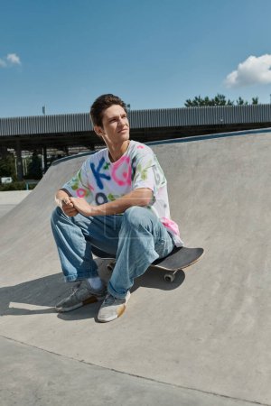 A young skater boy confidently sits on his skateboard at a colorful skate park on a sunny day.
