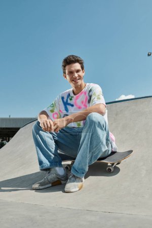 A young man effortlessly glides on his skateboard, showcasing his skills at the vibrant skate park on a sunny summer day.