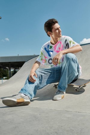 Foto de Joven skater boy encuentra su flujo mientras se sienta con confianza en su monopatín en el vibrante parque de skate en un día soleado de verano. - Imagen libre de derechos