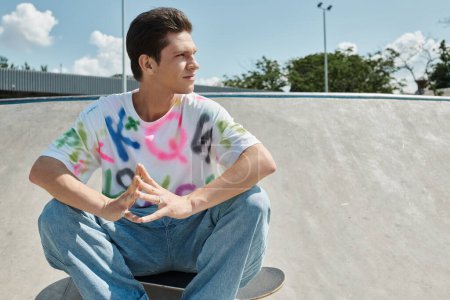 A young skater sitting on his skateboard at a vibrant skate park on a sunny day, fully immersed in the skate culture.