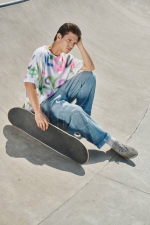 A young man embraces the thrill of skateboarding at a lively skate park on a sunny summer day.