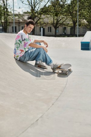 A young skater boy boldly sits on his skateboard, at ease in the vibrant skate park on a sunny summer day.