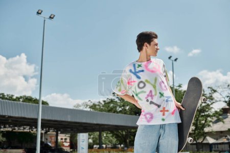 Photo for A young man confidently holds a skateboard in a vibrant parking lot, ready to unleash his skills on the concrete. - Royalty Free Image
