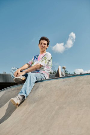 A young skater boy sits calmly at the top of a skateboard ramp in a vibrant outdoor skate park on a sunny summer day.