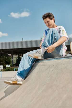 Un jeune patineur est assis en toute confiance au sommet d'une rampe de skateboard dans un parc de skate extérieur dynamique par une journée d'été ensoleillée.