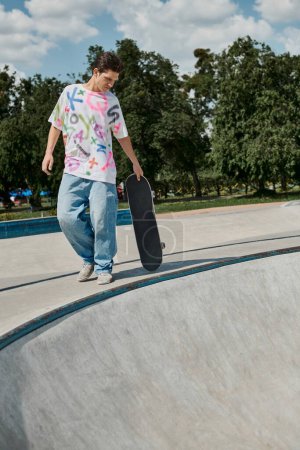 A young man confidently holds a skateboard while standing on a skateboard ramp in an outdoor skate park on a sunny summer day.