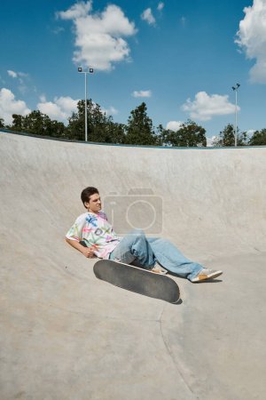 Foto de Un joven patinador descansando cerca del monopatín en una rampa en un bullicioso parque de skate al aire libre en un soleado día de verano. - Imagen libre de derechos