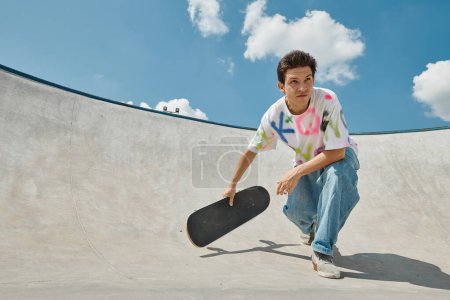 Ein junger Mann strahlt Energie aus, als er an einem sonnigen Sommertag sein Skateboard in einem lebhaften Skatepark hält.