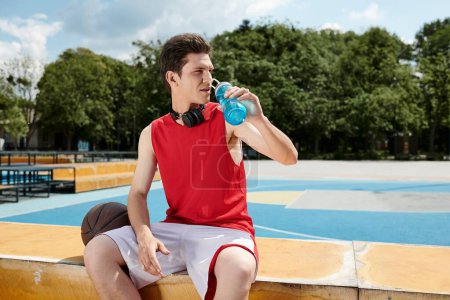 Photo for A young man sits on a ledge drinking from a water bottle on a sunny day. - Royalty Free Image