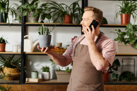Un hombre multitarea hablando en un teléfono celular y sosteniendo una planta en maceta en un entorno de tienda de plantas.