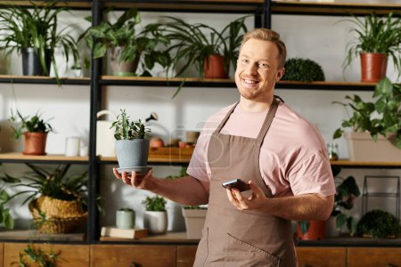 A man in an apron carefully holds a potted plant in a charming display of green thumbs and nurturing care.