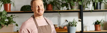 Photo for A man in an apron tends to a shelf of potted plants in a small business shop, embodying the essence of owning a florist. - Royalty Free Image