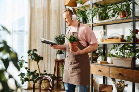 A man in a stylish apron carefully holds a potted plant in a bright and airy plant shop setting.