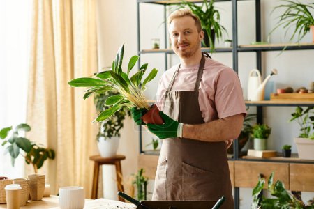 Un hombre en un delantal con amor sostiene una planta próspera, mostrando su experiencia en el arte de nutrir la vida verde.