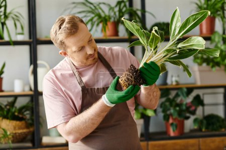 Ein Mann hält eine Pflanze in seinen Händen, umgeben von üppigem Grün, das Sorgfalt und Verbundenheit mit der Natur demonstriert.