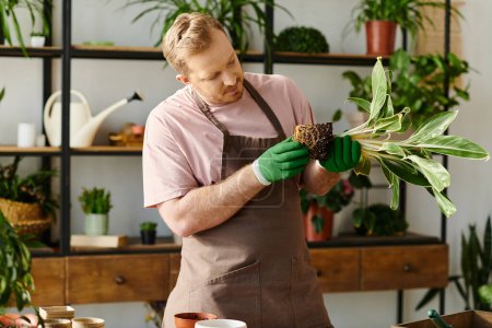 Un homme dans un tablier tient amoureusement une plante verte, entourée des couleurs vives d'une petite boutique de plantes.