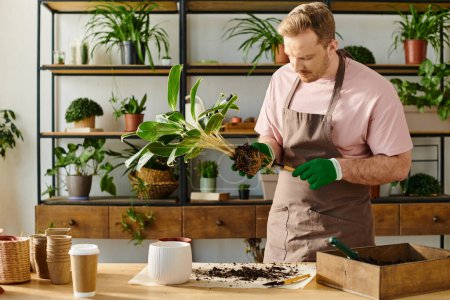 Ein Mann in Schürze und Handschuhen dekoriert eine Topfpflanze mit Sorgfalt und Präzision in einem charmanten Pflanzenladen-Ambiente.