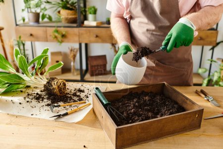 Photo for A person in a pink shirt and green gloves carefully placing dirt in a container at a plant shop. - Royalty Free Image
