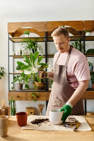 A man in an apron attentively tends to a potted plant in a botanical shop, showcasing his passion for horticulture.