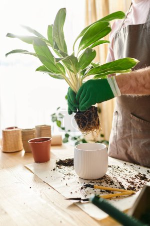 A man in an apron delicately holds a potted plant, showcasing his passion for nurturing green life in his small plant shop.