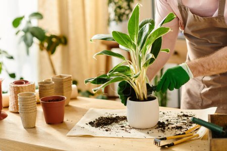 Eine Person in einer Schürze fügt einer Topfpflanze in einem Pflanzenladen zärtlich Erde hinzu und verkörpert die Sorgfalt und Hingabe eines Kleinunternehmensbesitzers.