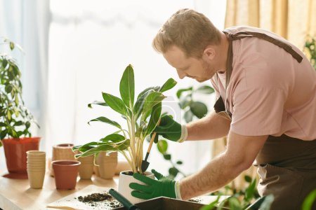 Un homme vêtu d'une chemise rose et de gants verts tient amoureusement une plante en pot, mettant en valeur sa passion pour les soins aux plantes.