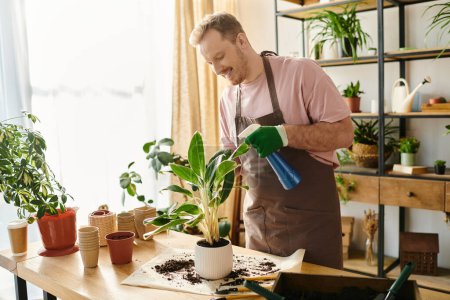 Un homme offre à une plante en pot sur une table dans une petite boutique de plantes, illustrant les soins et la croissance dans un cadre floral.