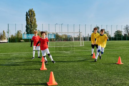 A group of young boys enthusiastically playing soccer on a green field. They are dribbling, passing, and shooting the ball with excitement and joy.