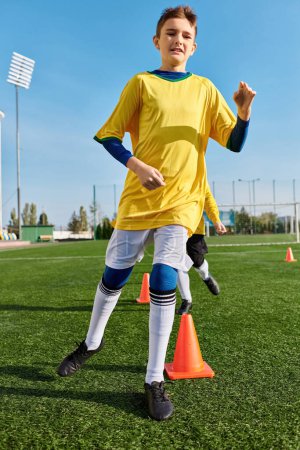 A boy in a soccer uniform kicks a soccer ball with determination and skill on a green field.