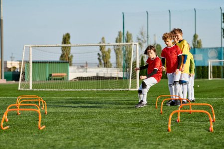A group of energetic young children engaged in a friendly game of soccer on a sunny field. They dribble, pass, and shoot the ball, showcasing teamwork and enthusiasm.