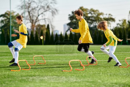 A lively group of young children joyfully engage in a spirited game of soccer, running, kicking, and passing the ball on a grassy field. Their faces show excitement and determination as they compete in friendly yet competitive spirit.